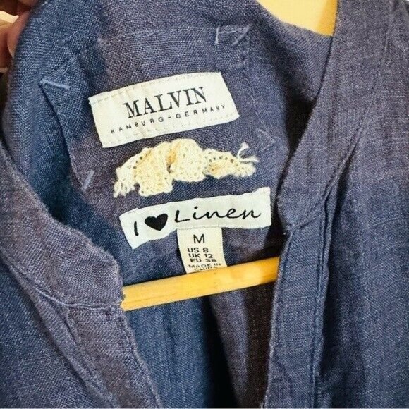 Malvin Hamburg Navy Blue 100% Linen Shirt Dress Roll Tab Sleeve Womens Medium - Picture 6 of 8